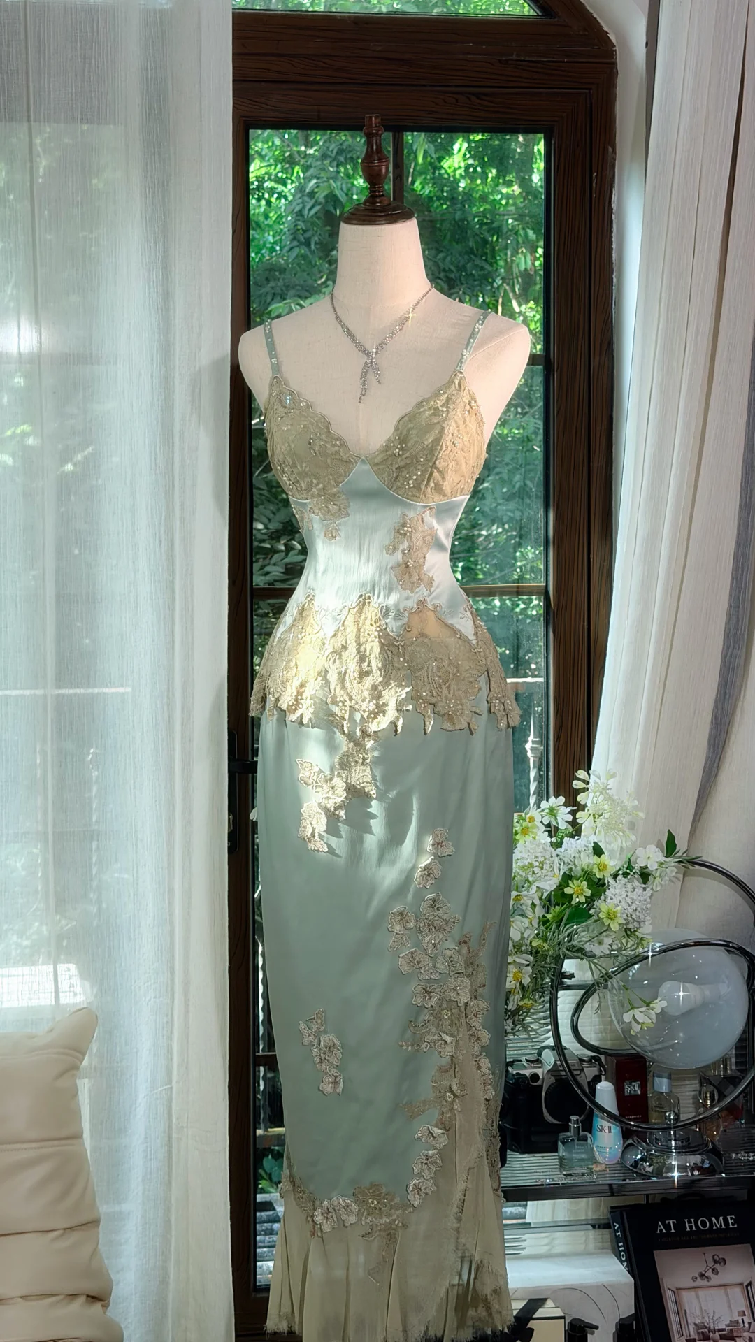 Sage Green Satin Spaghetti Strap Midi Mermaid Evening Dress, Gold Lace Floral Appliques Formal Gown gh9504