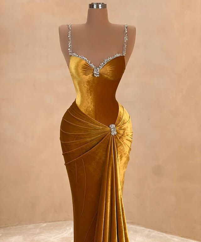 Girlhomeshops-Gold Fashion Elegant Samt Lange Meerjungfrau Schlank Ballkleid Abendkleid Partykleid gh4996