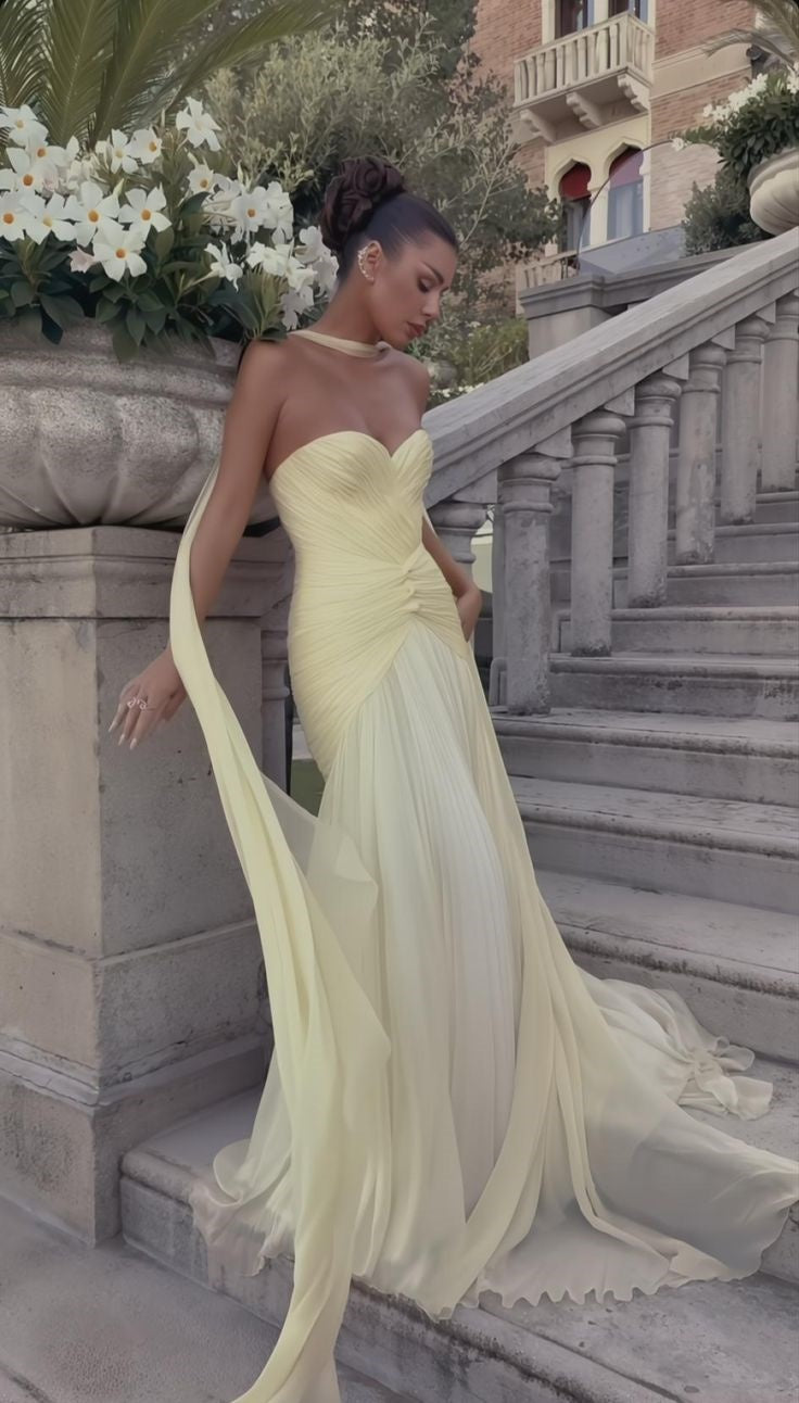 girlhomeshops - (Écharpe incluse) Robe jaune élégante pour invitée de mariage gh6326