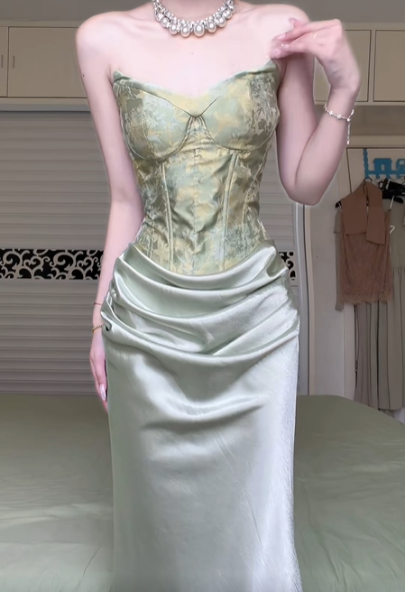 Sage Green Strapless Mermaid Evening Gown, Jacquard Corset Bodice Satin Formal Dress Draped Waist for Prom Banquet gh8949