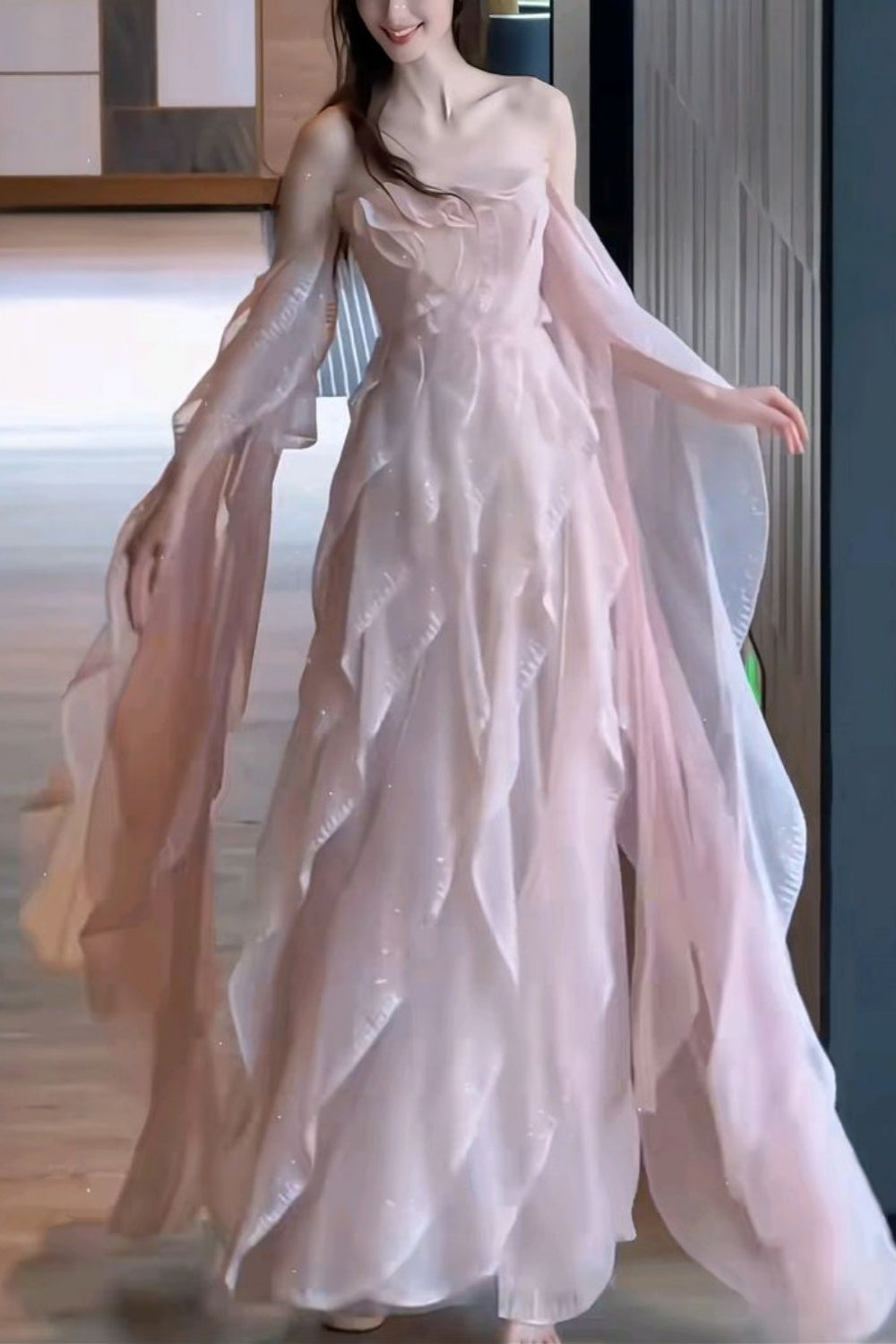 girlhomeshops - Robe de bal longue en tulle rose à imprimé féerique gh5967