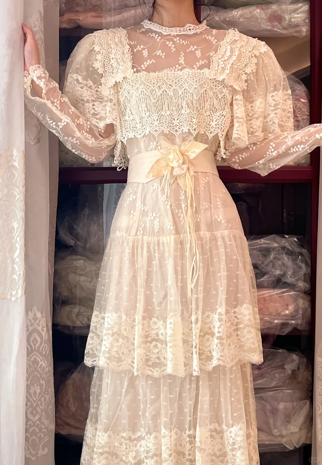 Cream Vintage Lace Tiered Long Gown, High Neck Sheer Floral Tulle Formal Dress gh9304