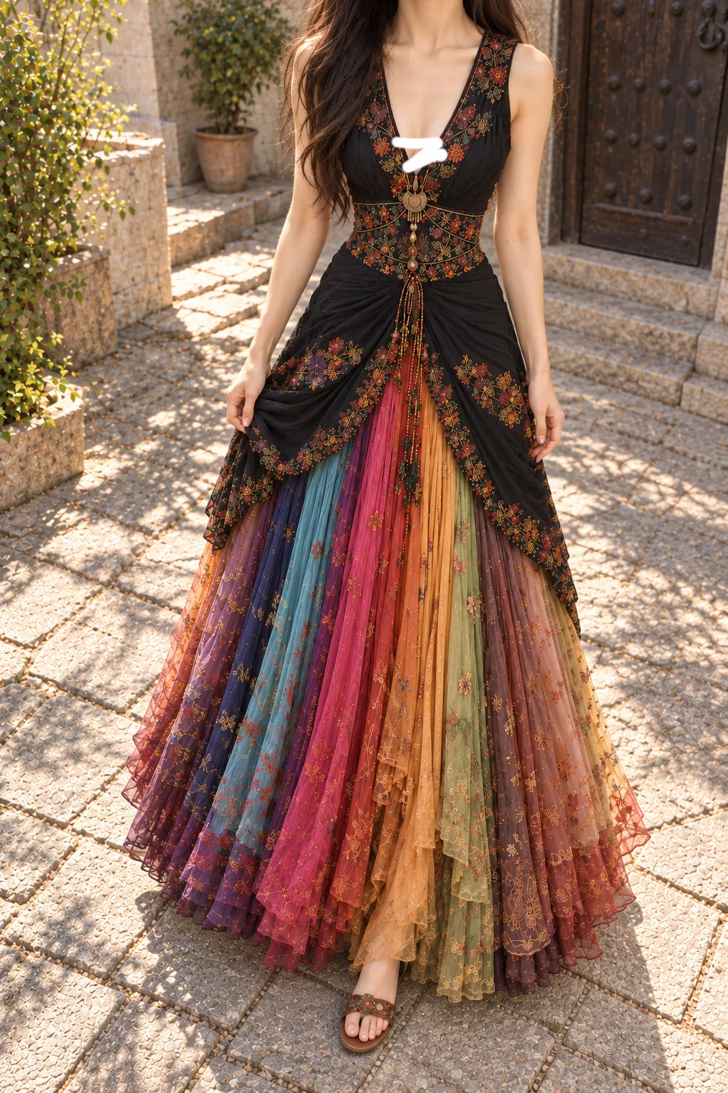 ✨Girlhomeshops-Boho V Neck Floral Embroidered Rainbow Gradient Ruffle Tulle Long Dress gh10286