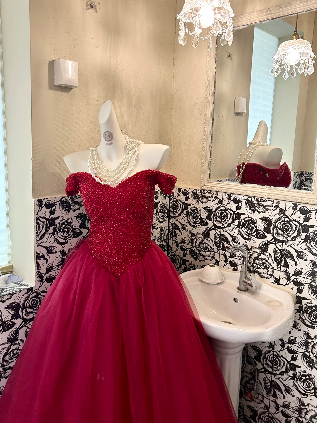 Red Off-the-Shoulder Rhinestone Cinched Waist Voluminous Skirt Long Romantic Dress, Wedding Gown gh7808