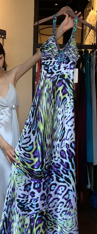 Colorful Leopard Print Halter V Neck Hand Beaded Rhinestone Long Straight Evening Prom Dress gh9756
