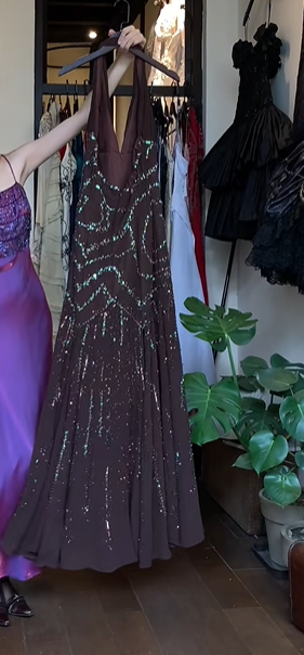 Dark Brown Vintage Prom Dress Halter Deep V Chevron Sequin Beaded Chiffon Long Evening Gown gh9605