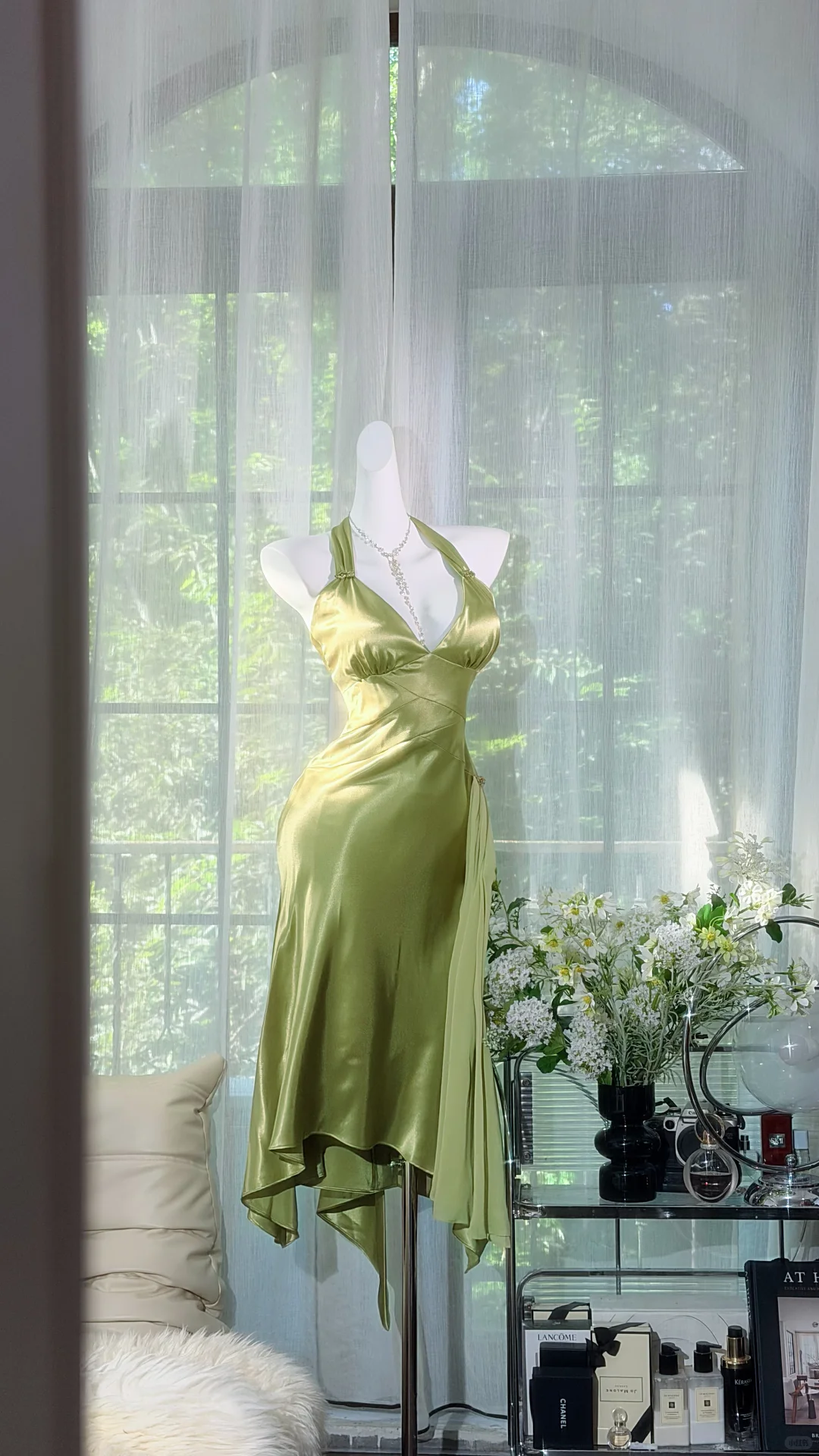 Olive Green Satin Halter Midi Prom Dress, Deep V Neck Ruched Waist Irregular Flowy Hem Evening Gown, Vintage Wedding Guest Dress with Side Sash gh9488