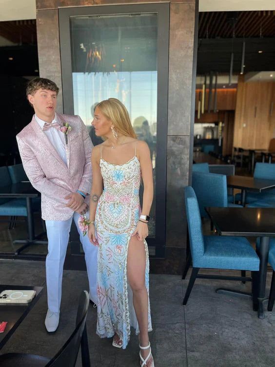 (out of stock)White gorgeous shiny exquisite beaded spaghetti strap sequined backless long chiffon ball gown prom dress evening gown holiday party dress gh2799