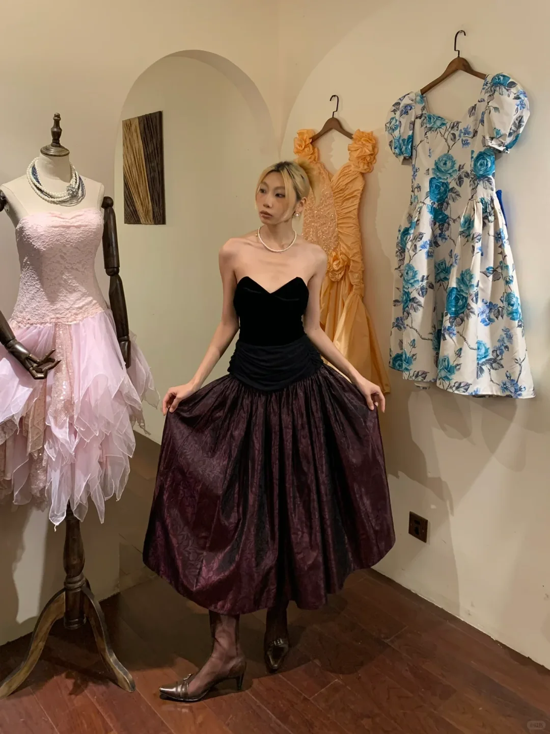 2 in 1 Vintage Evening Dress Black Velvet Sweetheart Strapless Top Burgundy Jacquard Flared Midi Skirt Formal Party Gown gh9873
