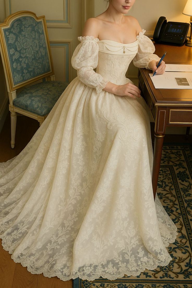 Off-White Lace Puff-Sleeve Off-the-Shoulder Fitted Victorian Vintage G –  girlhomeshops