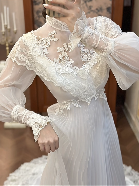 Ivory Vintage Pleated Tulle Wedding Prom Dress, Lace High Neck Illusion V‑Neck, Puff Long Sleeves, Floral Lace Appliqués, High Waist, Multi‑Tier Lace Long Train gh8681