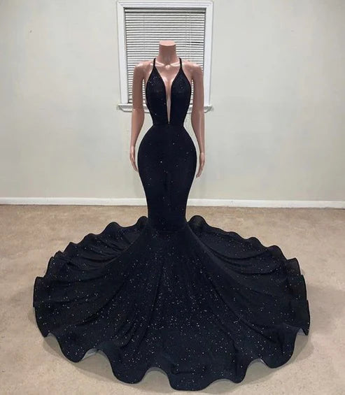 Schwarzes glänzendes formelles Meerjungfrau-Ballkleid, Abendkleid, Partykleid, gh4898