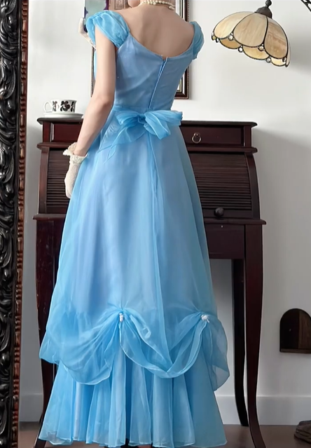 Sky‑Blue Vintage Chiffon Prom Gown, Square Neck Cap Puff Short Sleeves, Matching Thin Sash Waistband, Flowy Full‑Length Skirt With Gathered Knot Skirt Details, Floor‑Length Evening Prom Dress gh8794