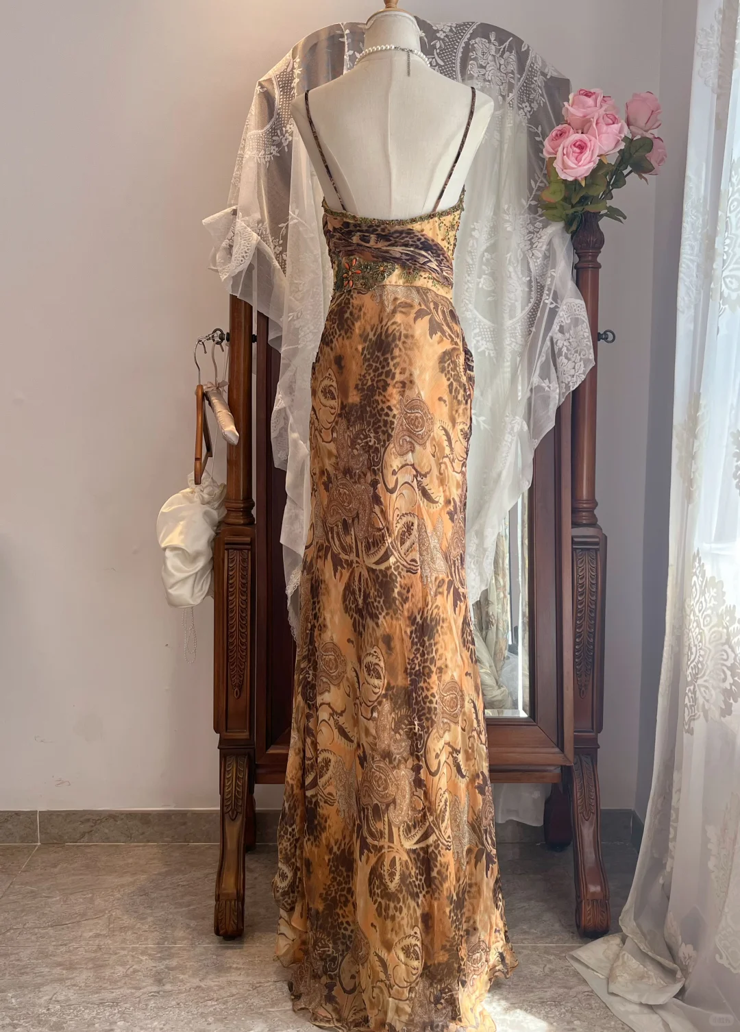 Vintage Leopard Paisley Print Spaghetti Strap Mermaid Long Gown gh9298