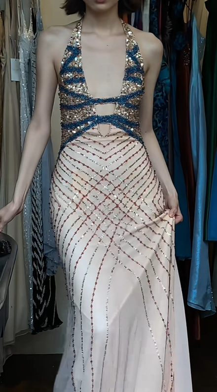 Halter Deep V Cutout Evening Gown Blue Gold Hand Beaded Rhinestone Mermaid Long Formal Prom Dress gh9750