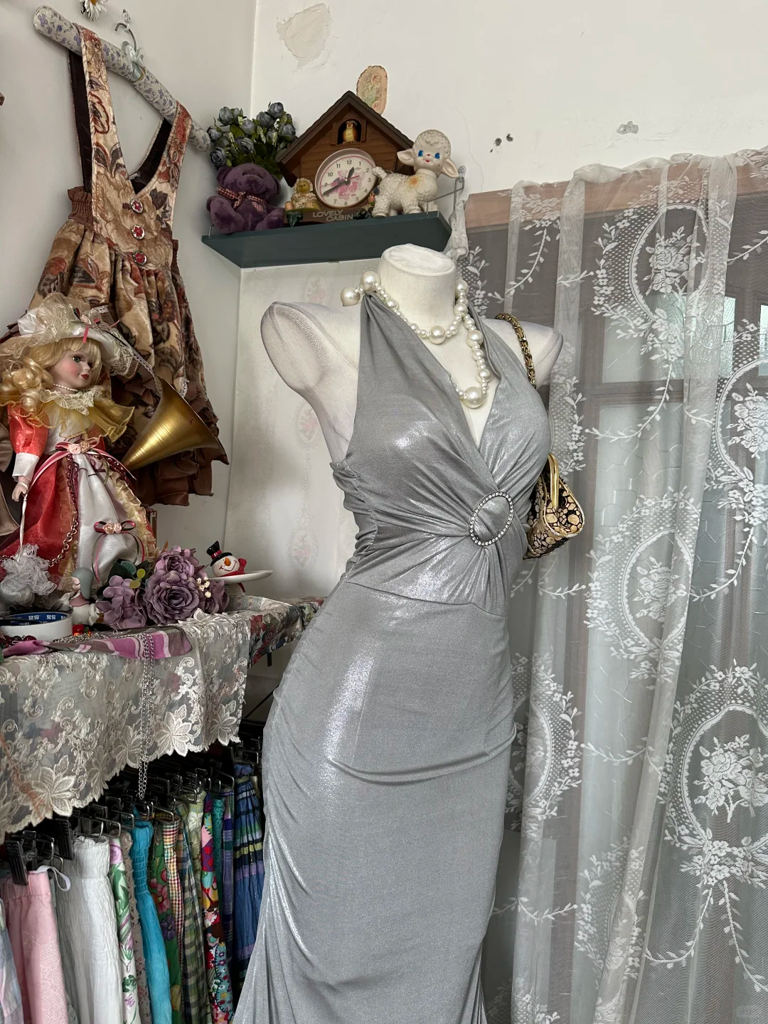 Light Gray Halter Spaghetti Strap Fitted Waist Retro Long Ball Gown Evening Dress gh7116