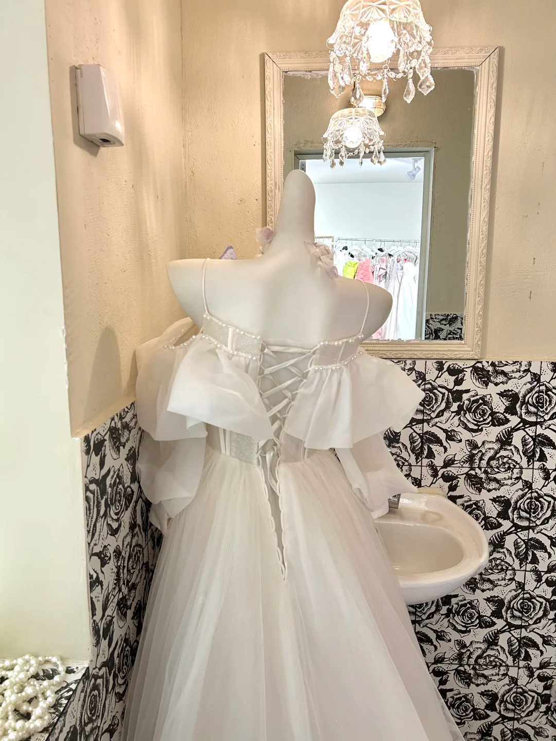 Ivory Spaghetti Straps Ruffled Neckline Waist-Cinched Full Flared Skirt Long Romantic Dress, Wedding Gown gh7757
