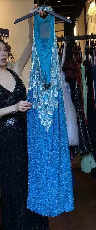 Royal Blue Halter Illusion Neck Sequin Hand Beaded Rhinestone High Slit Long Evening Prom Dress gh9779