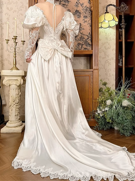Off‑White Long Puff Sleeve Lace Palace‑Style Fitted Waist Figure‑Flattering Full Flared Skirt Long Vintage Prom Gown, Wedding Dress gh8604