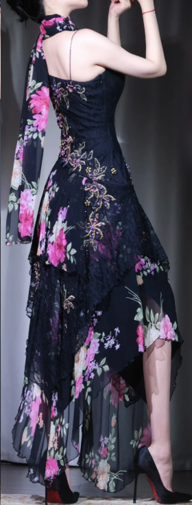 ✨Girlhomeshops-Black Floral Spaghetti Strap Beaded Lace Asymmetrical Midi Cocktail Dress with Shawl gh10021