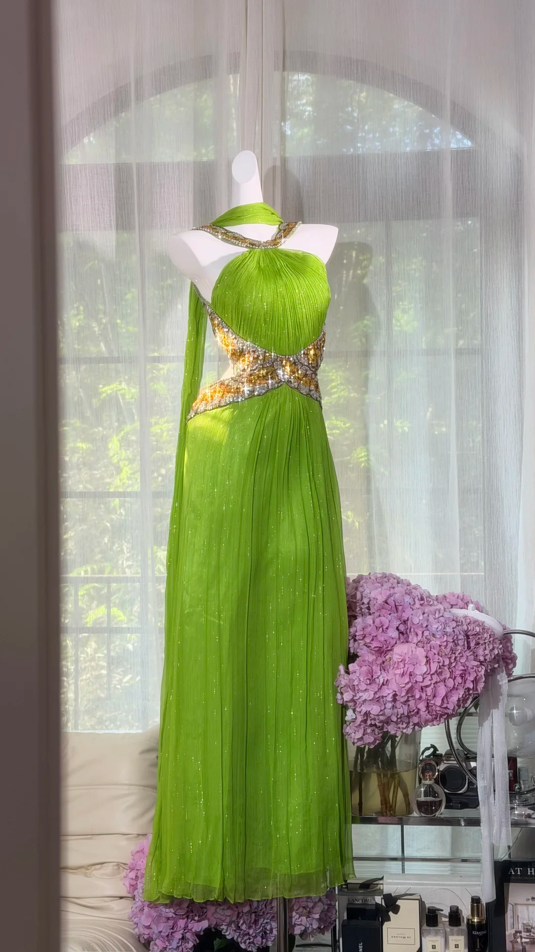 Lime Green Pleated Halter Long Prom Dress, Heavy Gold & Silver Rhinestone Cutout Waist Evening Gown, Sparkly Chiffon Formal Party Dress gh9494
