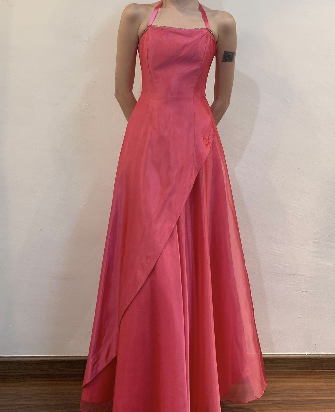 ✨Girlhomeshops-Fuchsia Halter Rhinestone Trim Draped A Line Formal Prom Gown gh10254