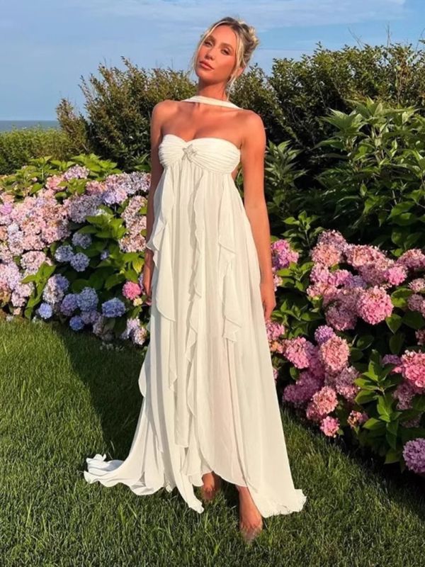 holiday party white dress pure color youthful elegant sweet long chiffon ruffle irregular – girlhomeshops top size:S Short Spaghetti Straps Pearl Royal Banquet Attire forward profile