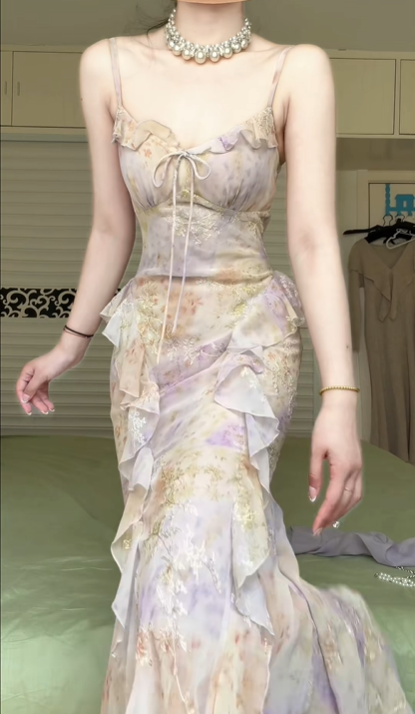 Lavender Mixed‑Tone Floral Sequin Embroidery Spaghetti Strap Mermaid Evening Gown, Ruffle Neck With Matching Sheer Shawl Formal Prom Dress gh9015