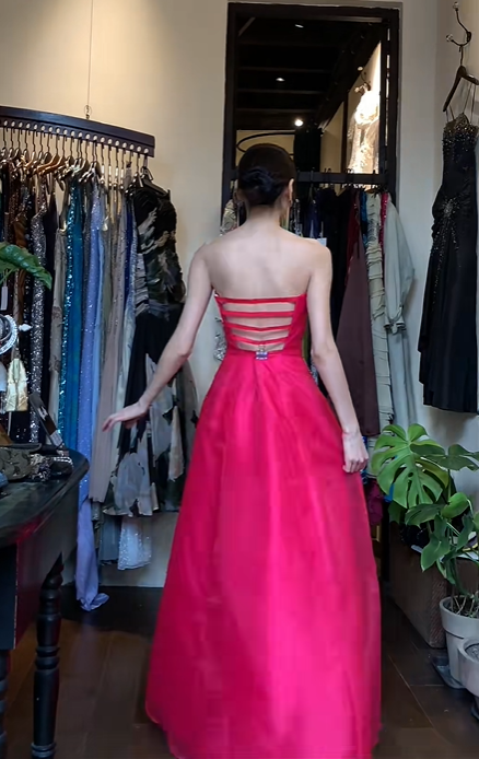 Fuchsia Strapless Long Formal Gown Hand Beaded Tulle A-Line Evening Dress gh9667
