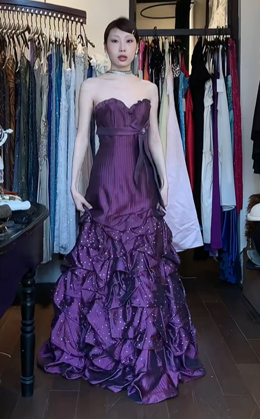 Dark Purple Strapless Sweetheart Tiered Ruffle Sparkly Long Evening Prom Dress gh9757