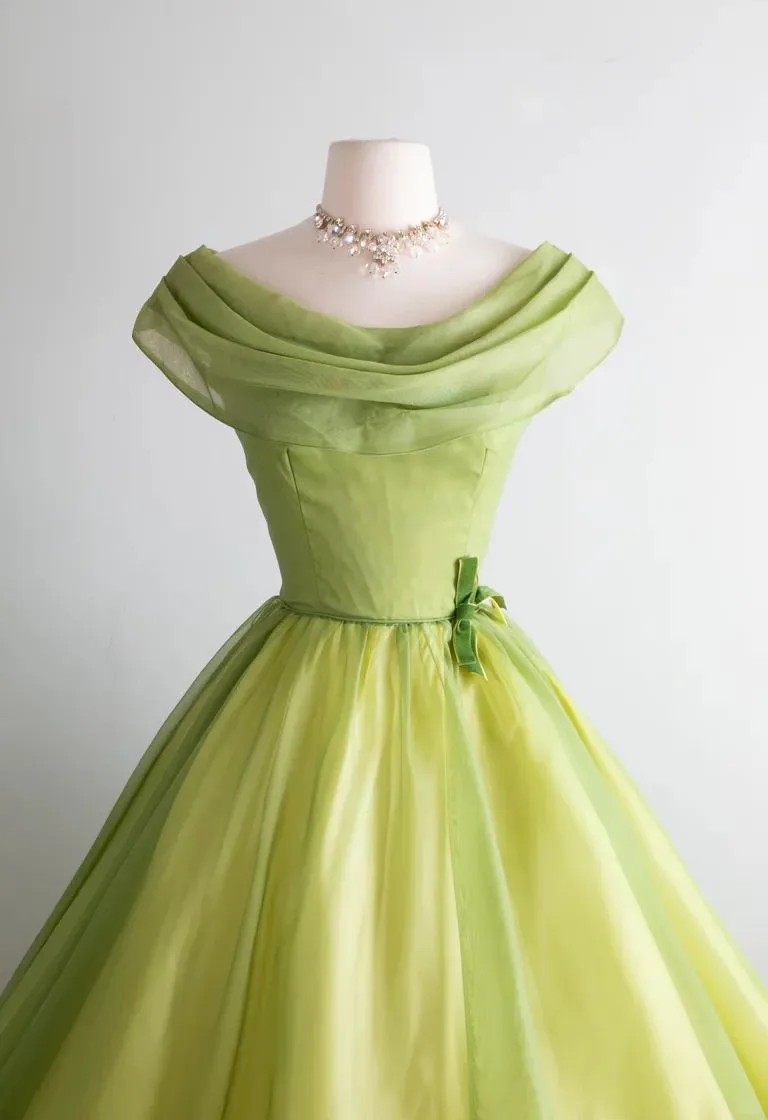 Sage Green 1950s Vintage Midi Evening Dress, Off‑Shoulder Draped Cowl Neck Fitted Bodice Satin Bow Organza Swing Skirt Cocktail Gown gh9086