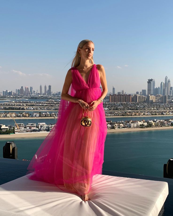 Rosa V-Ausschnitt Kontrastfarbe Lange Schultergurte Tüll Langes Ballkleid Ballkleid Abendkleid gh3067