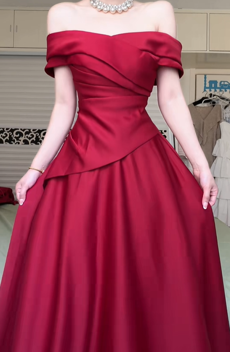 Burgundy Satin Off‑the‑Shoulder Long Evening Gown, Cross Pleated Bodice A‑Line Floor‑Length Formal Prom Dress gh8973