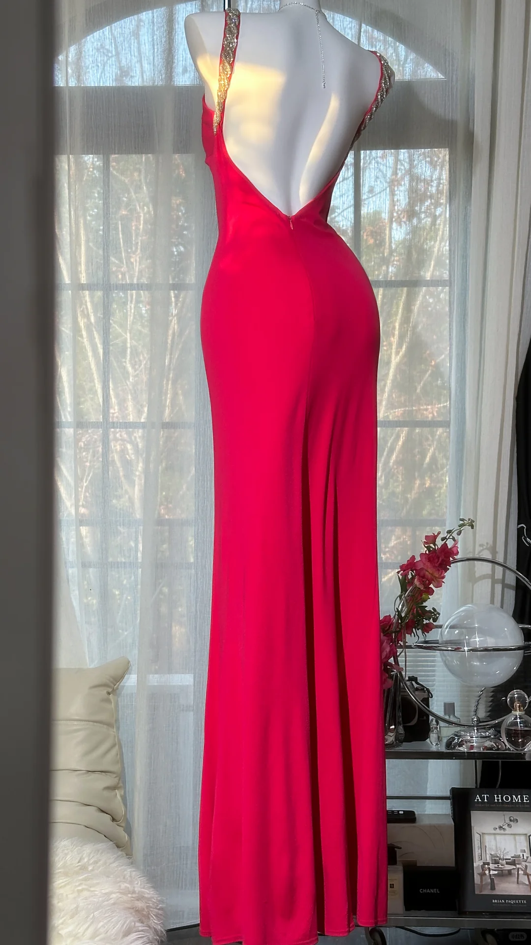 Bright Red V Neck Spaghetti Strap Rhinestone Ruched Slit Mermaid Long Evening Dress, Prom Gown gh9534