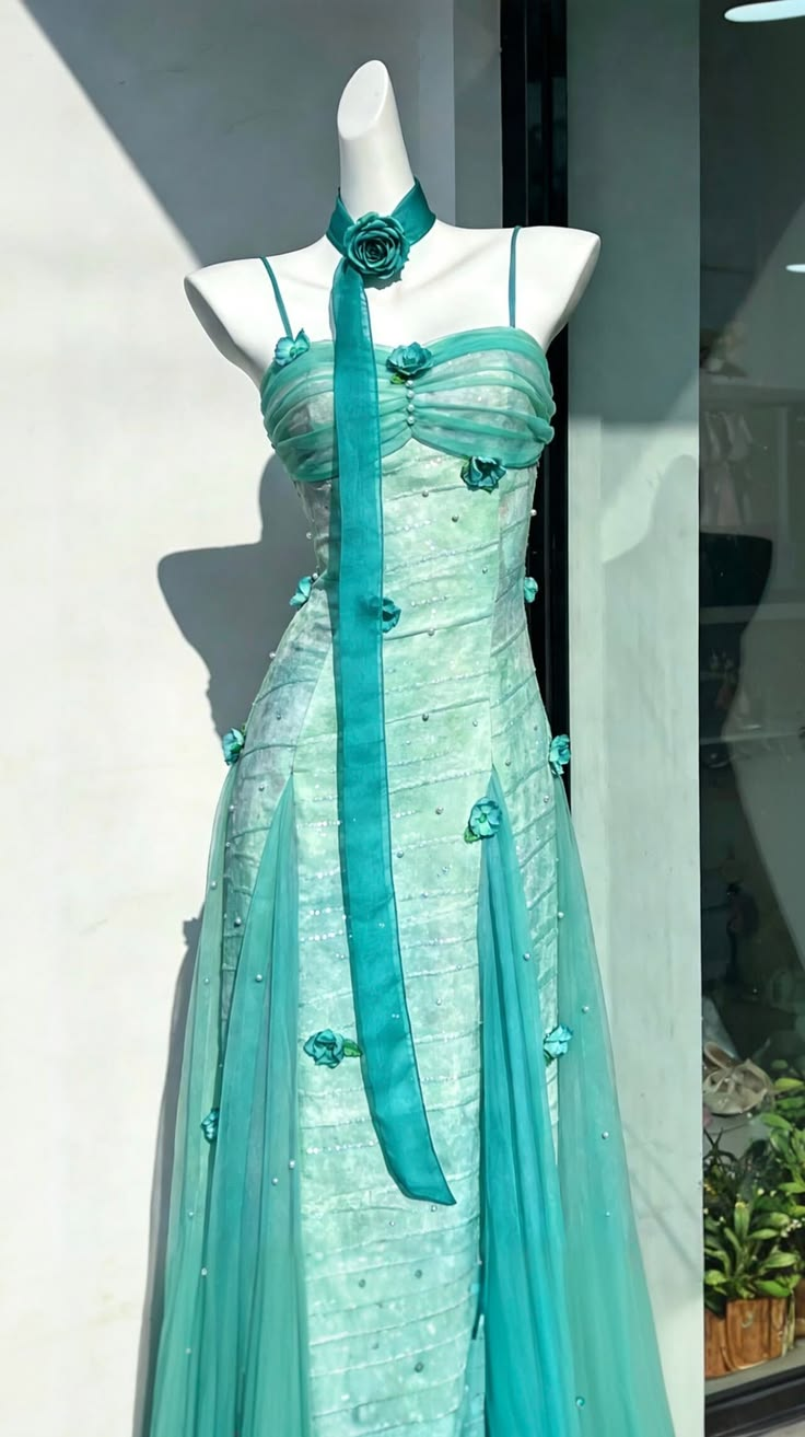 Lake Blue Spaghetti Straps Waist-Cinched Fitted Elegant Evening Dress, Fairy Gown, Romantic Gown gh7437