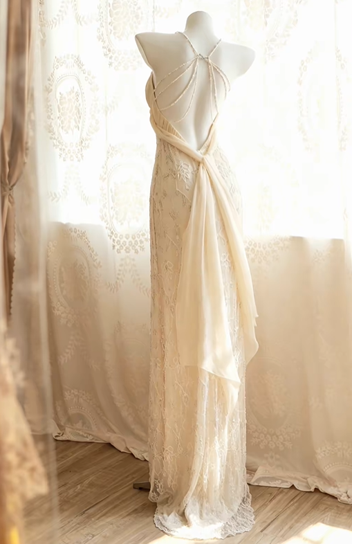 Ivory Lace Long Prom Dress, Spaghetti Straps, V-Neck, Hand-Beaded Tulle Vintage Long Formal Gown gh9570