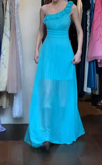 Turquoise Vintage Prom Dress One Shoulder 3D Flower Ruffle Pleated Chiffon Long Evening Gown gh9606
