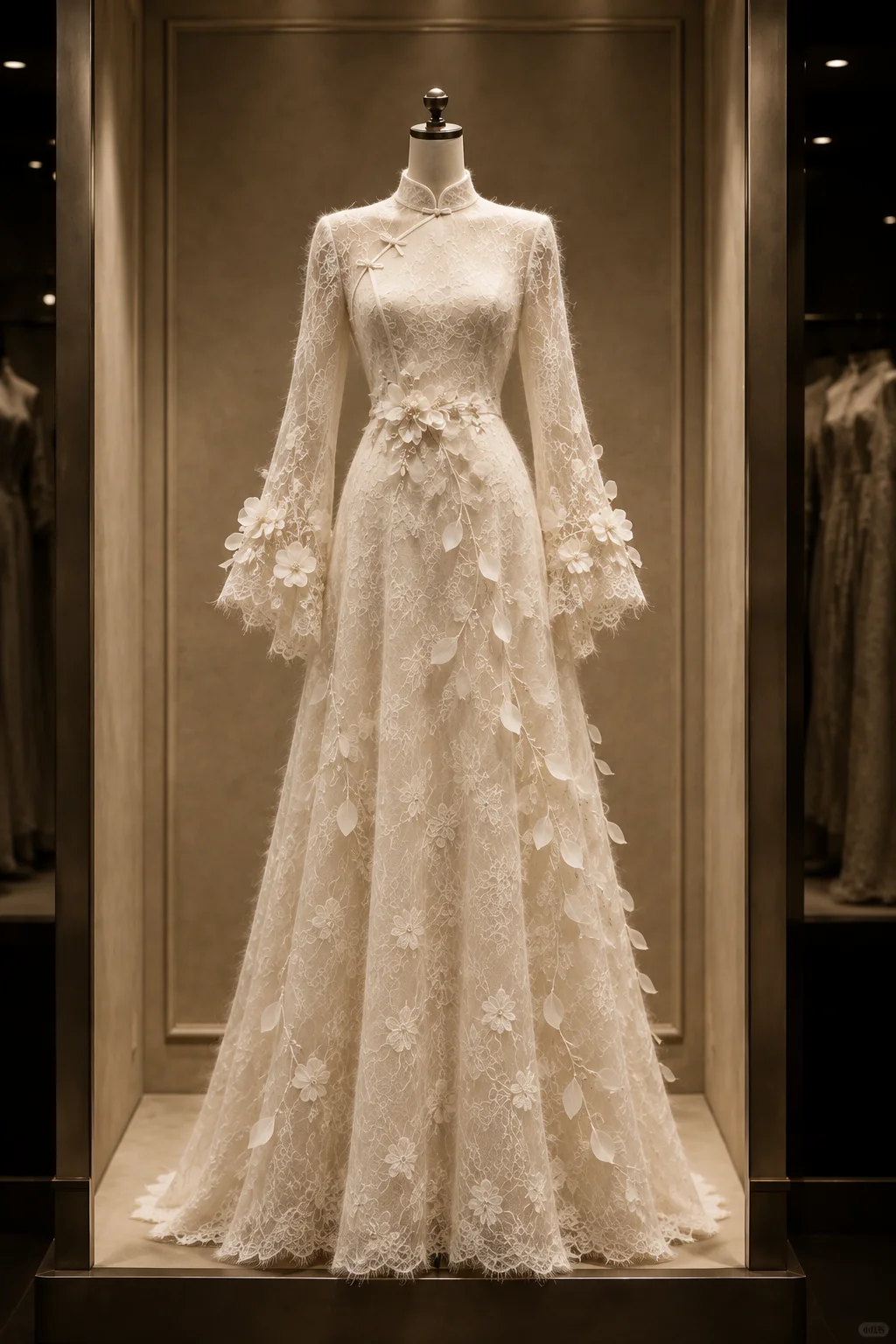 ✨Girlhomeshops-Mandarin Collar Bell Sleeve Lace Qipao Bridal Gown with 3D Floral & Leaf Appliques gh10303