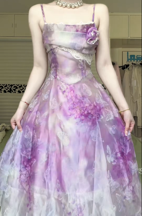 Lavender Tie‑Dye Floral Butterfly Print Spaghetti Strap Ball Gown, Lace Patchwork Irregular Tulle Formal Prom Dress gh9014