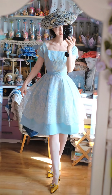 Vintage Blue Square Neck Printed Fitted Waist Flared Skirt Prom & Evening Party Dress gh8503