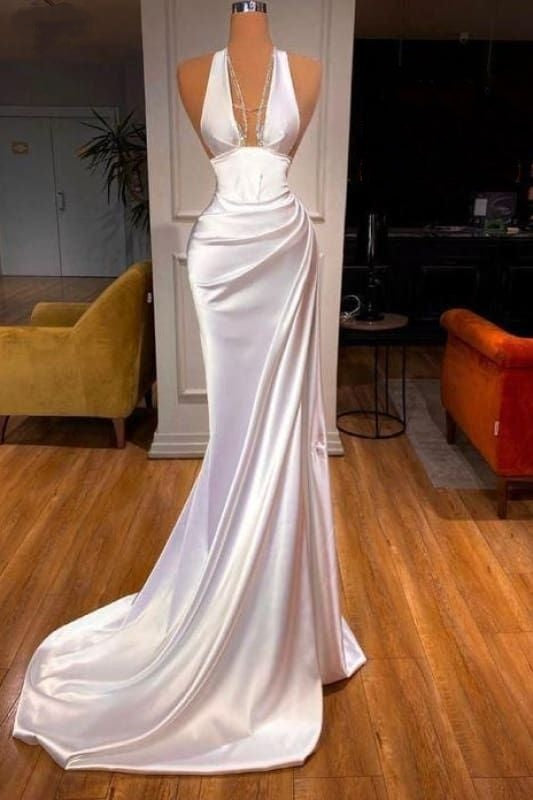 Girlhomeshops - Weißes elegantes langes Satin-Ballkleid, Abendkleid, Partykleid, gh5033