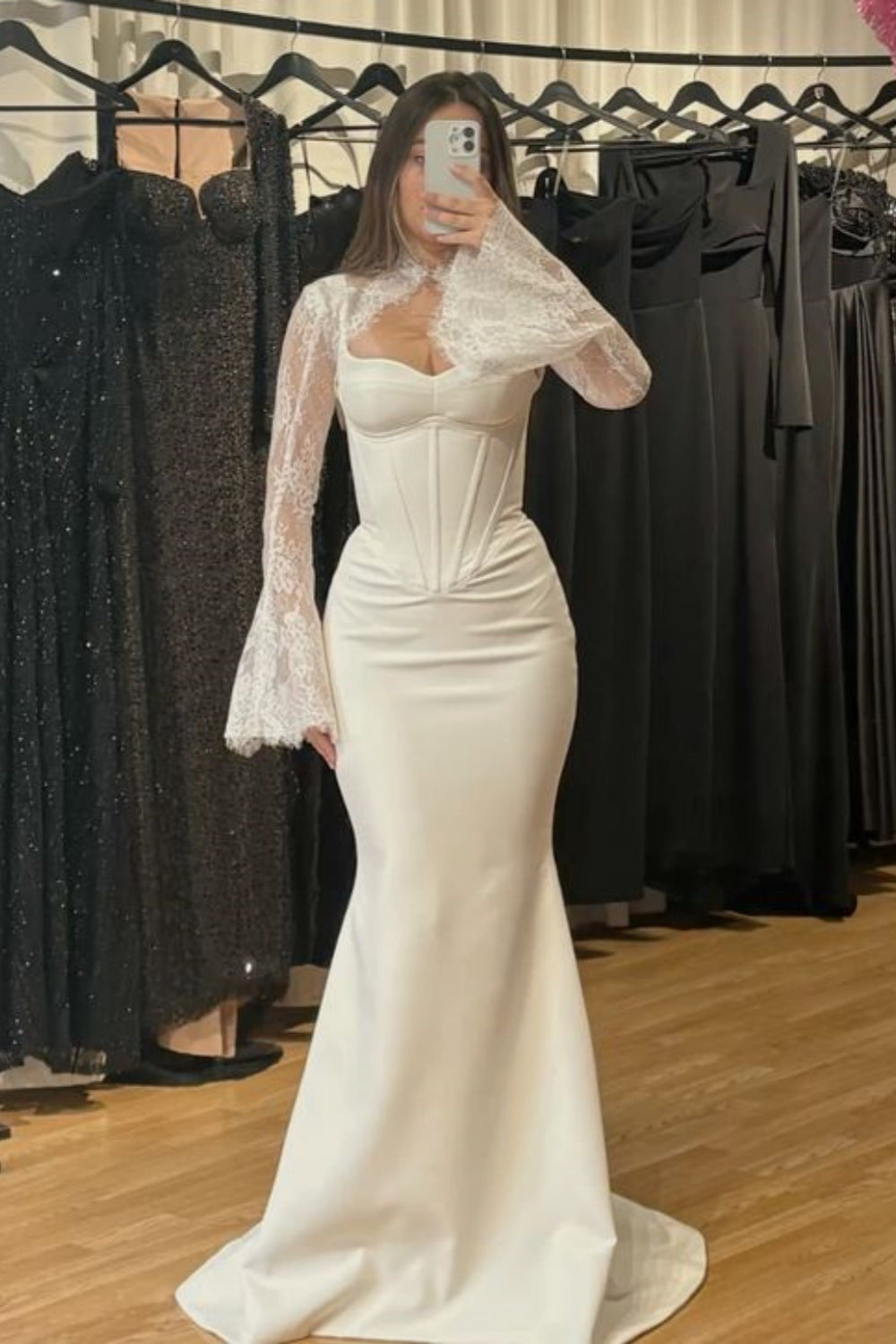 White Long-Sleeved Delicate Lace Long Satin Bodycon Wedding Dress gh68 girlhomeshops White Long-Sleeved Delicate Lace Long Satin Bodycon Wedding Dress gh68 girlhomeshops