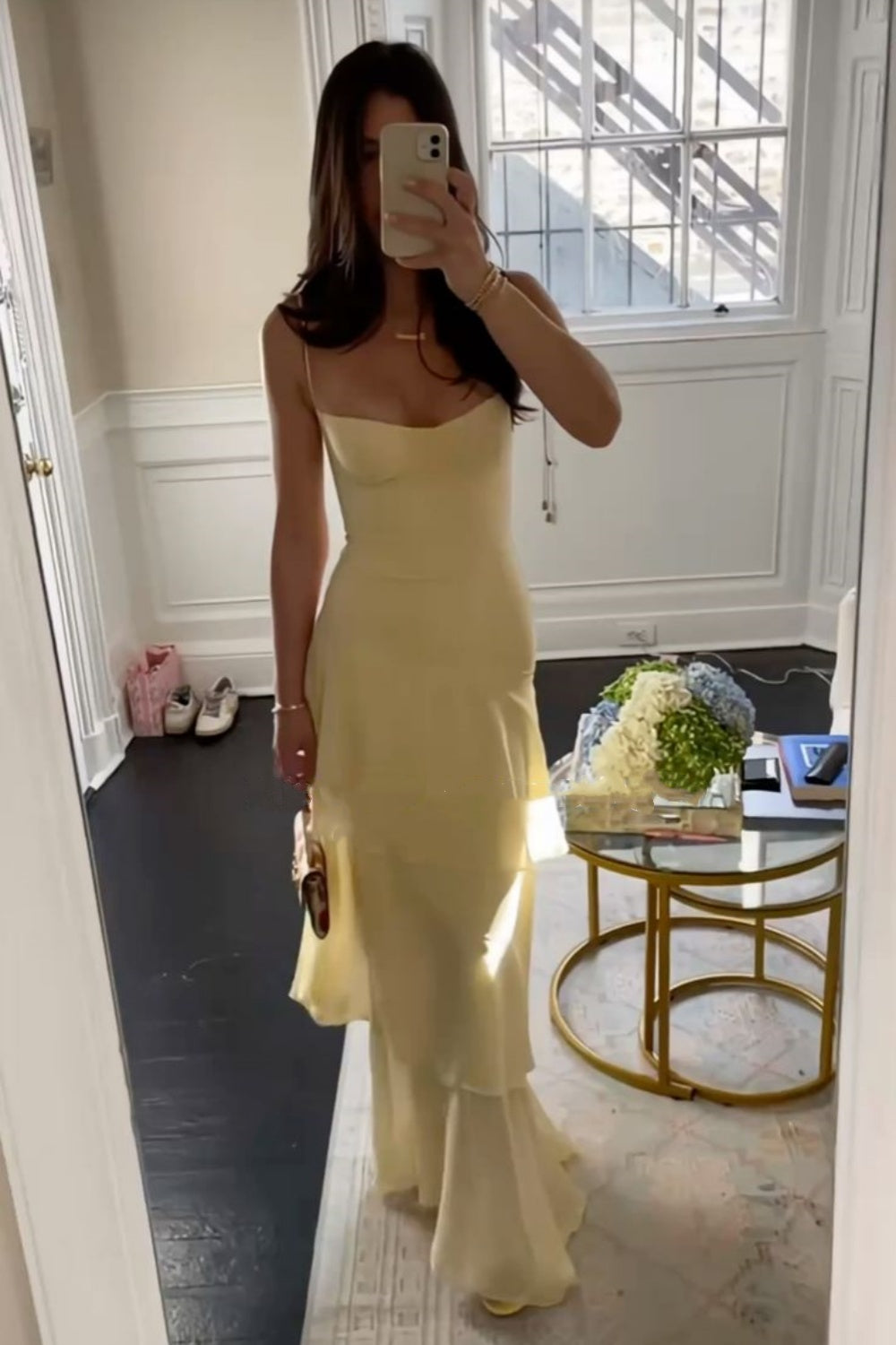 girlhomeshops - Robe longue décontractée jaune en mousseline à volants gh5860