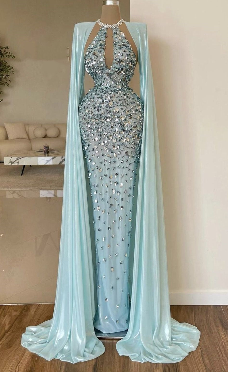 Girlhomeshops - Mintgrünes, luxuriöses, wunderschönes, langes, mit Perlen besetztes Satin-Ballkleid, Abendkleid gh5019
