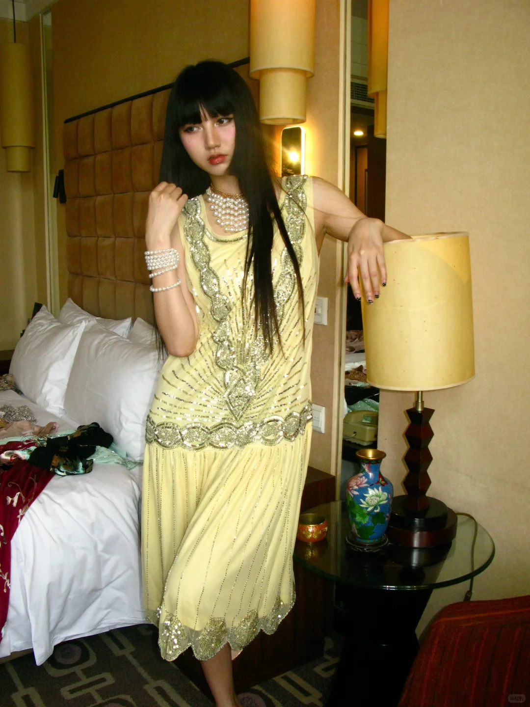 Pale Yellow Vintage Sleeveless Sequin Luxury Prom & Evening Party Dress gh8375