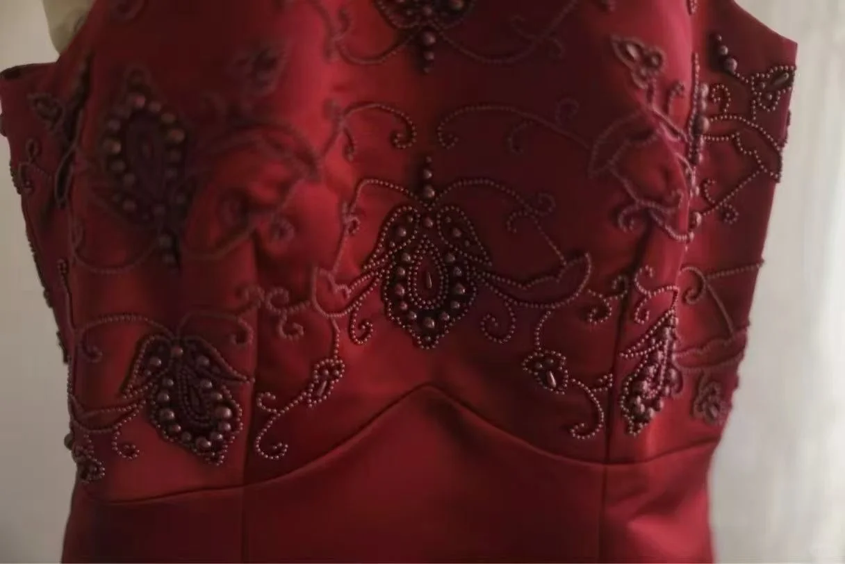 Burgundy Halter Long Evening Gown, Beaded Lace Embroidered Bodice Satin Fitted Sheath Formal Party Dress gh9115