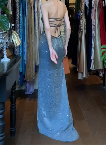 Slate Blue Vintage Prom Dress Strapless Tube Top Full Sequin Hand Beaded Bodycon Mesh Long Evening Gown With Side Slit gh9631