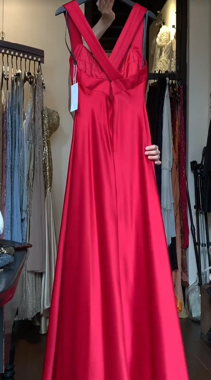 Wide Strap Red Satin Prom Dress V Neck Front Bow Ruched Formal Evening Gown gh9810