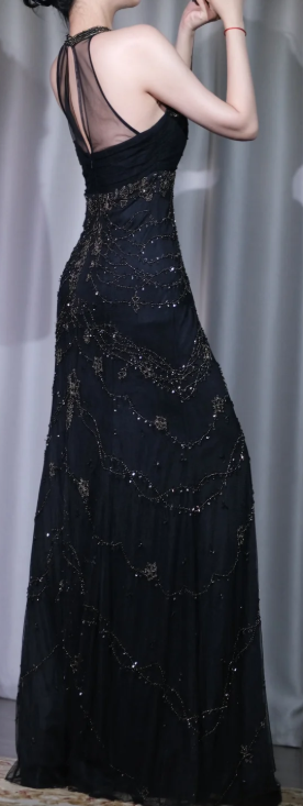 ✨Girlhomeshops-Gatsby Black Halter Beaded Long Evening Gown A Line gh10118
