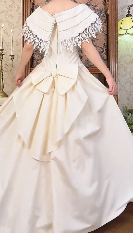 Off‑White Vintage Palace‑Style Neckline Fitted Waist Embroidered Full Flared Skirt Long Prom Gown, Wedding Dress gh8599